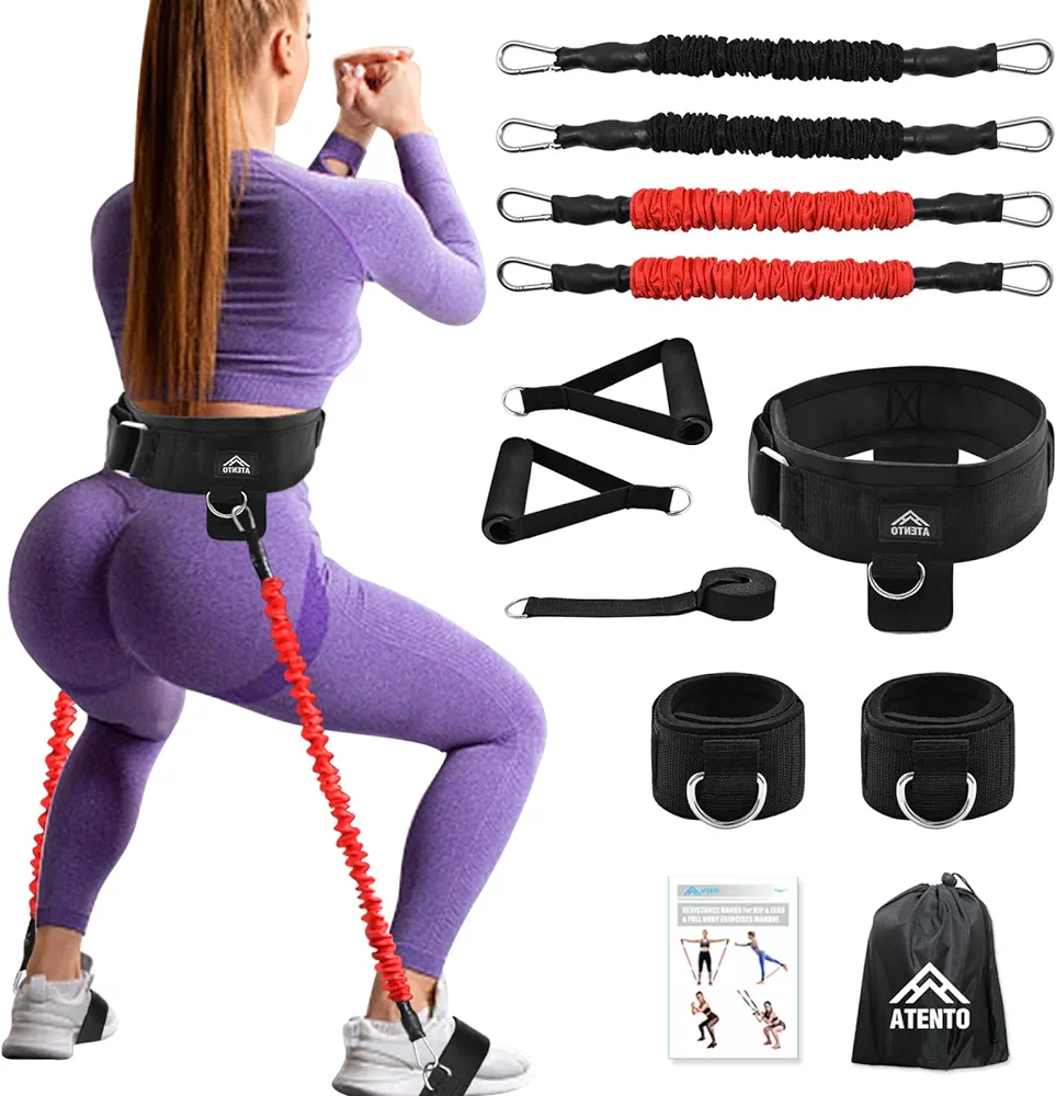 ATENTO 12 Pcs Set Resistance Bands for Legs and Butt, Fitness Elastic Band with Handles,Gym Belt, 4 Pcs Workout Band for Women & Men, Leg Day, Full Body Routine Exercise with Door Anchor, Ankle Strap