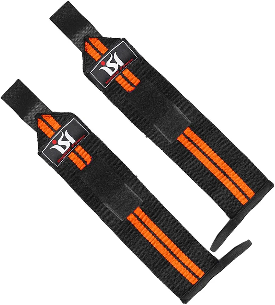 Gym Wrist Wraps Black/Orange Weight Lifting Bandage Power Hand Support Straps Pair