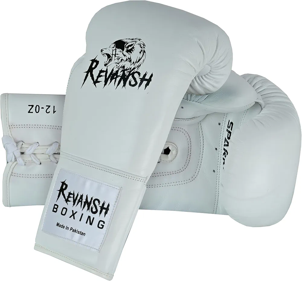 Revansh Prolace Cowhide Leather Boxing Gloves - Unisex, Professional Training & Sparring - Black and White - Sizes: 12 oz, 14 oz, 16 oz