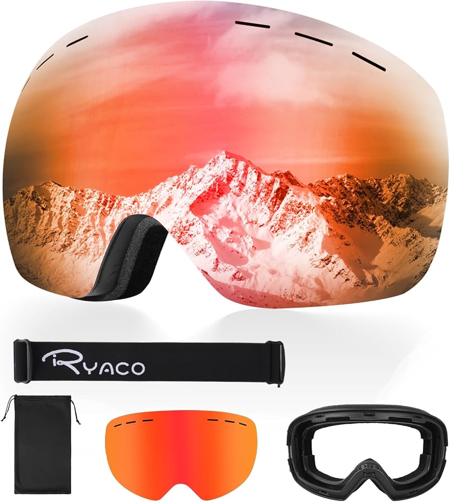 Ryaco Ski Snowboard Goggles, OTG Anti-Fog,100% UV Protection Spherical Frameless Snow Goggles, for Men Women Youth Adult