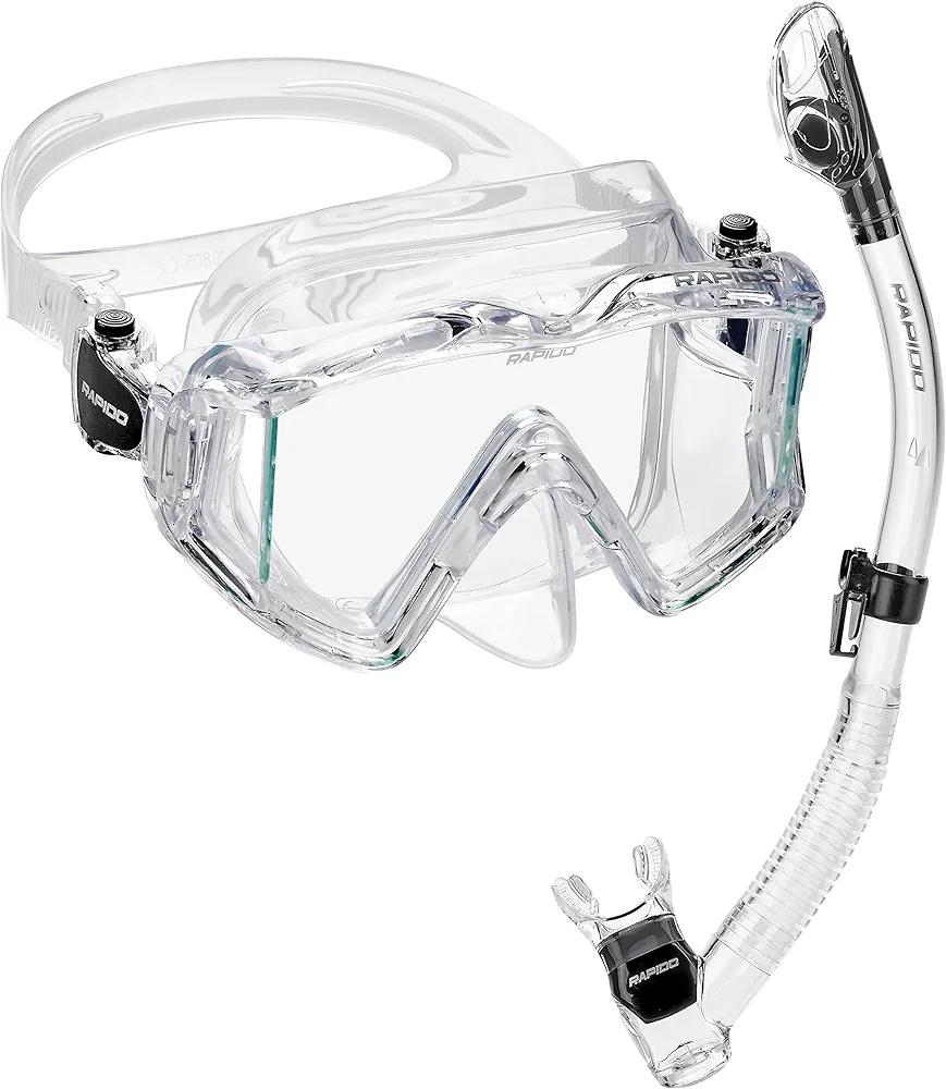 Rapido Boutique Collection Italian Design Premium Tempered Glass Lens Anti-Fog Panoramic Side-View Snorkel Mask, Superior Dry Snorkel Tube, Superior Snorkeling Gear, Snorkel Set for Adult
