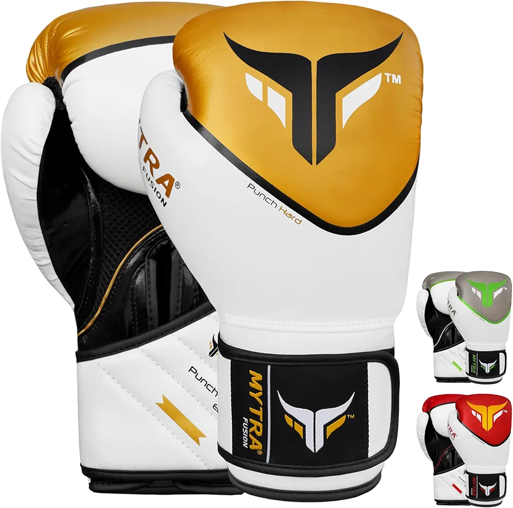 Mytra Fusion Punch Hard Boxing Gloves Artificial Leather Boxing Gloves 10oz 12oz 14oz 16oz Boxing Gloves for Training Punching Sparring Punching Bag Muay Thai Kickbox (14-oz, White Gold)