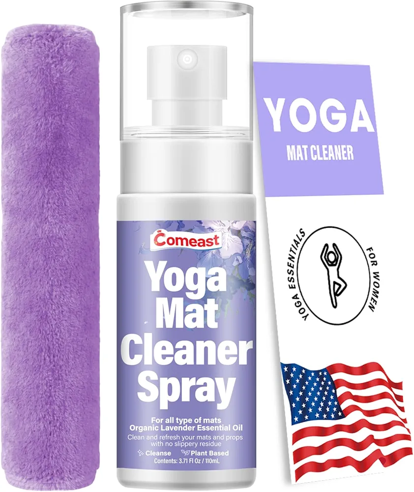 Yoga Mat Cleaner Spray (Peaceful Lavender), No Slippery Residue, Organic Essential Oils, Deep-Cleansing for Fitness Gear Gym Equipment for All Type Materials, Microfiber Towel Included, 3.71Fl Oz
