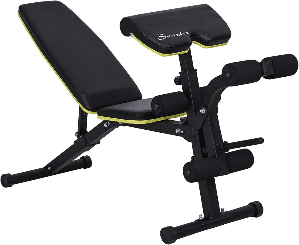 Soozier Adjustable Workout Bench with Curl and Leg Extension, Ergonomic Foam, Weight Bench with Comfortable Padding for Home Gym Equipment, Bumble Bee Yellow