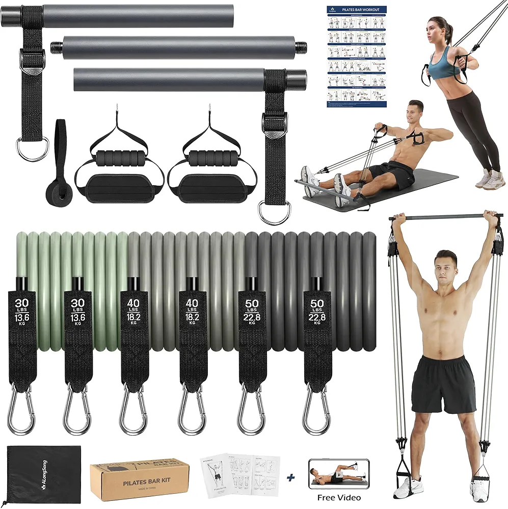 Upgraded Pilates Bar Kit with Resistance Bands Natural Latex for Women & Men, Heavy-Duty Stainless Steel Multifunctional Yoga Pilates Stick for Home Gym Exercise Fitness Equipment Full-Body Workouts