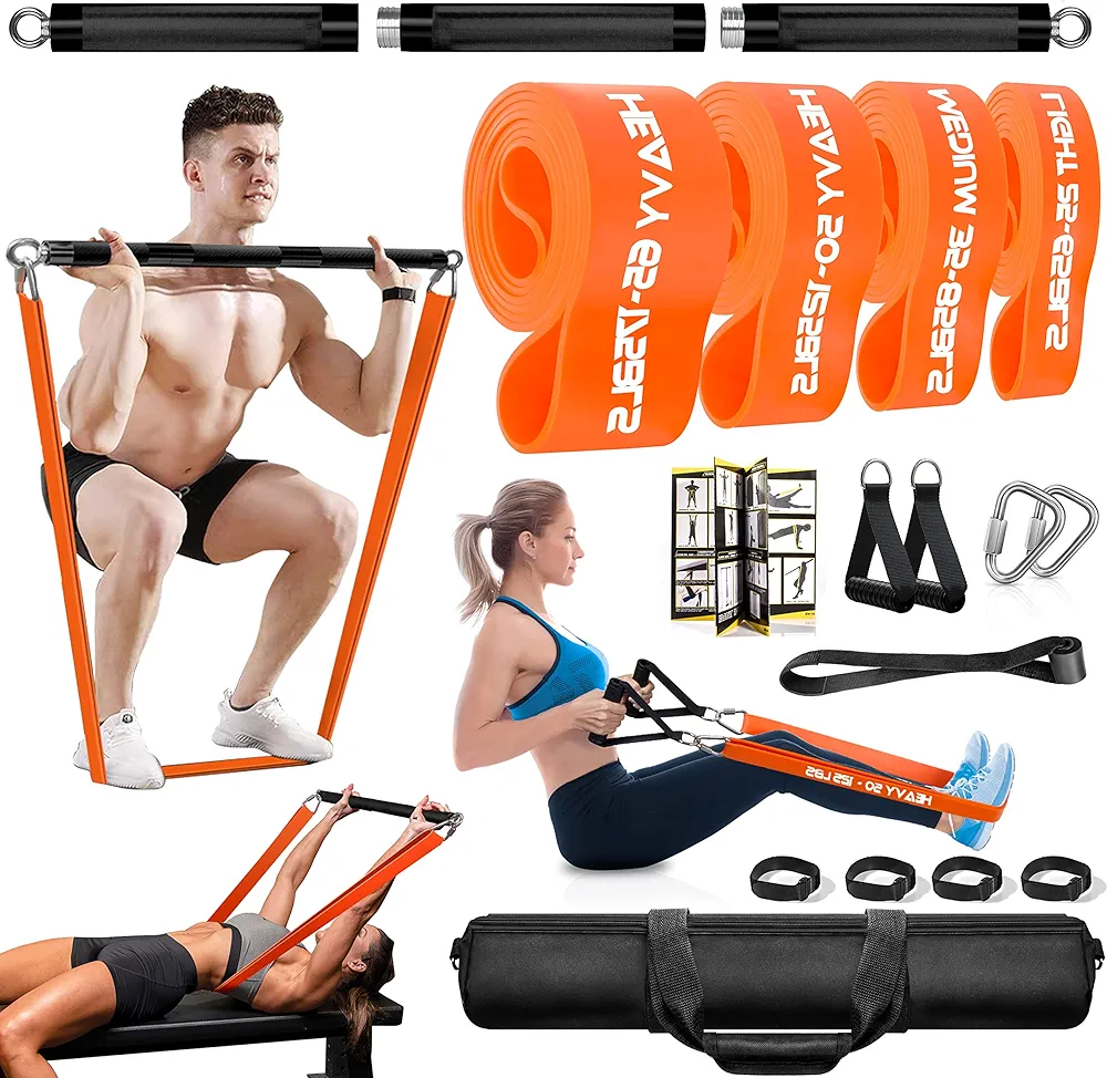 Portable Extra Heavy Home Gym Resistance Band Bar Set with 4 Stackable Resistance Bands,Detachable Full Body Workout Equipment Exercise Bar Kit,500LBS Longer Bar with Bands,Workout Guide Included