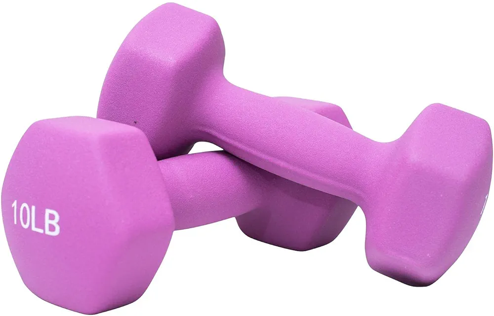 FUXION 10 lb Neoprene Dumbbell Hand Weights, Sets of 2 with Multiple Weight Options, Hexagon Non-Slip Weights for Home Gym Yoga Pilates Workout - purple