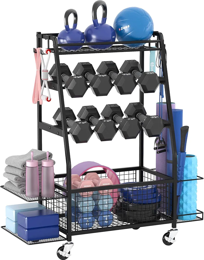 Weight Rack for Dumbbells - Dumbbell Rack for Home Gym - Home Gym Storage Rack for Dumbbells and Strength Training Equipment - Weight Rack for Home Gym with Side Shelves, Hooks and Wheels