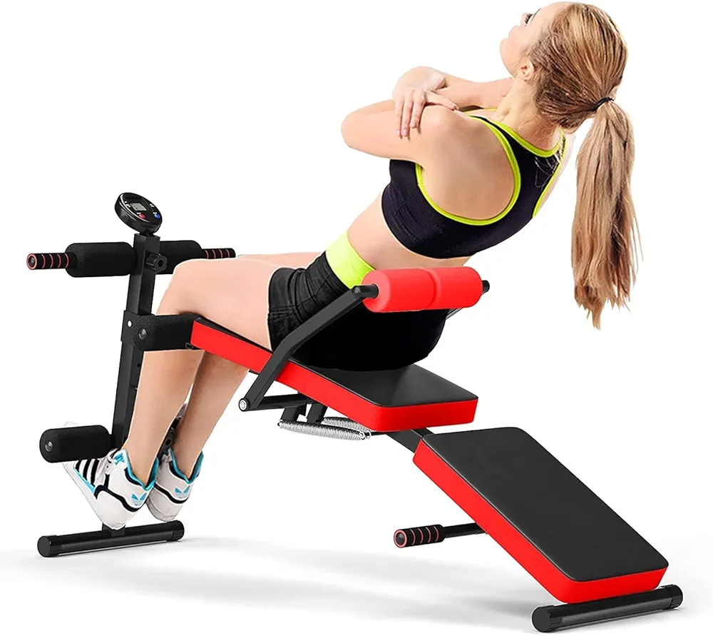 Multi-function Sit Up Bench, Adjustable Weight Bench with 5 Positions, Smart LCD Monitor, Heavy-duty Steel Frame, Foldable Workout Bench for Home Gym Fitness & Strength Training (Red and Black)