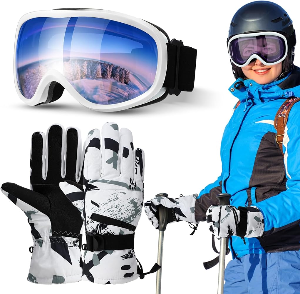 2 Pcs Ski Goggles and Gloves Set Snow Snowboard Goggles Touchscreen Snow Gloves for Winter Cold Weather