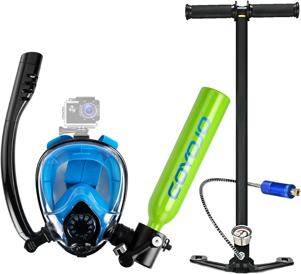 GOYOJO Diving Tank with Snorkel Mask Scuba Portable Lung Mini Oxygen Cylinder Full Face Diving Mask Underwater Breath System with Pump