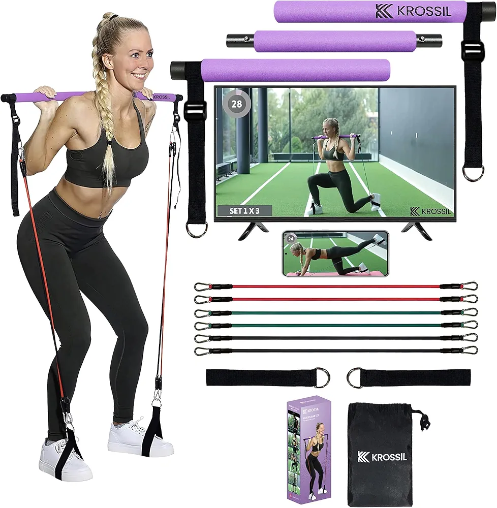 Premium Latex Portable Pilates Bar Kit with Resistance Bands | Adjustable Resistance Band Bar Home Workout Fitness Kit | Resistance Bands & Exercise Loop Bands Workout Videos by KROSSIL
