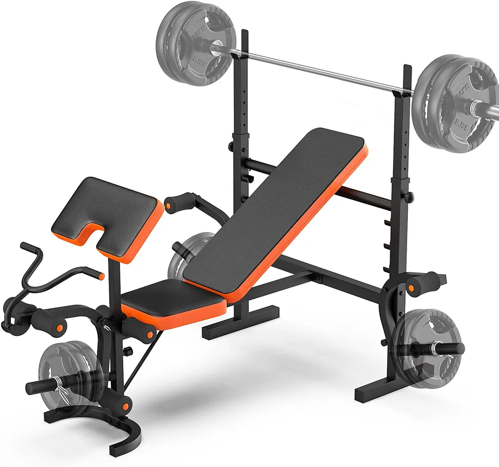 Fostoy 600lbs 6 in 1 Weight Bench Set with Squat Rack Adjustable Workout Bench with Leg Developer Preacher Curl Rack Fitness Strength Training for Home Gym