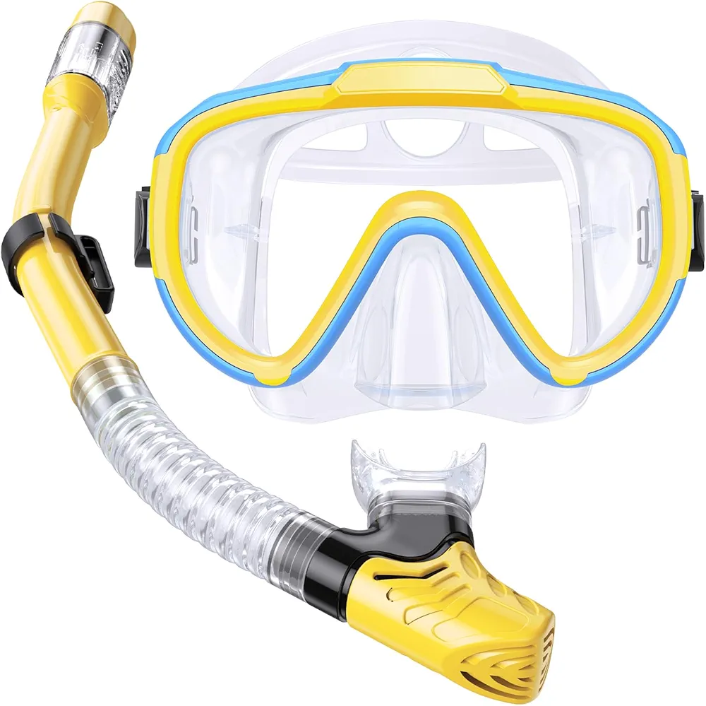 Kids Snorkel Set, Anti-Fog Panoramic Tempered Glass Kids Snorkel mask, Anti-Leak Scuba Diving Mask with Mesh Bag, Dry Top Snorkeling Gear for Kids and Youth Age 4-16