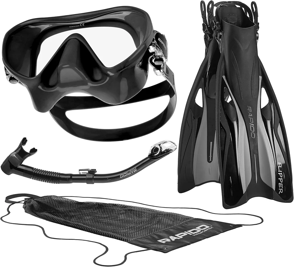 Italian Design Premium Tempered Glass Lens Anti-Fog Panoramic View Frameless Snorkel Mask, Elite Dry Snorkel Tube, Adjustable Fins - Mask Fin Snorkel Set