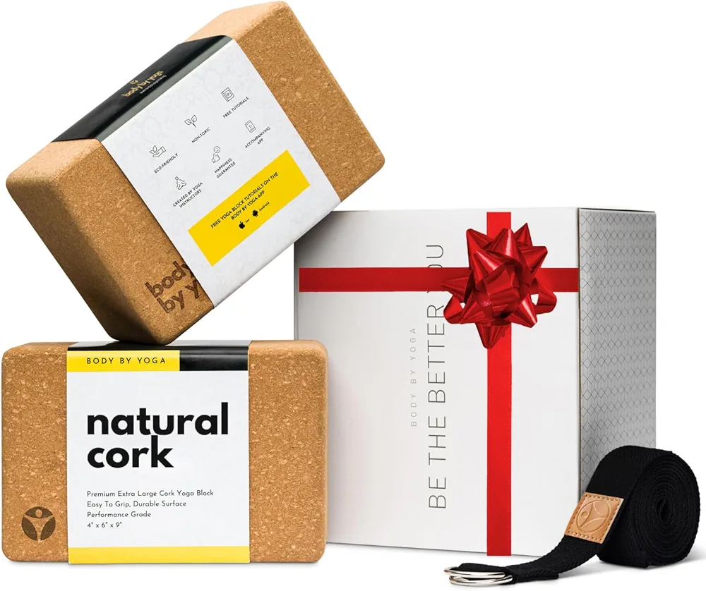 Luxury Cork Yoga Block Set - Extra Large Yoga Blocks with Performance Grade Portuguese Cork | High Density, Non-Slip Support for Safer Balancing | 2 Pack | Extra Long Yoga Strap Included