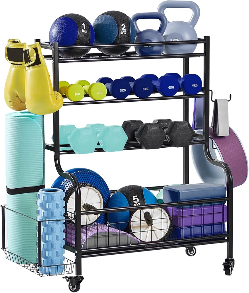 LUGO Dumbbell Storage Rack & Stand with Wheels and Hooks, Heavy Duty Weight Rack for Dumbbells, Kettleballs, Yoga Mat, and Balls, Home Gym Storage, All in One Workout Storage, Steel Finish