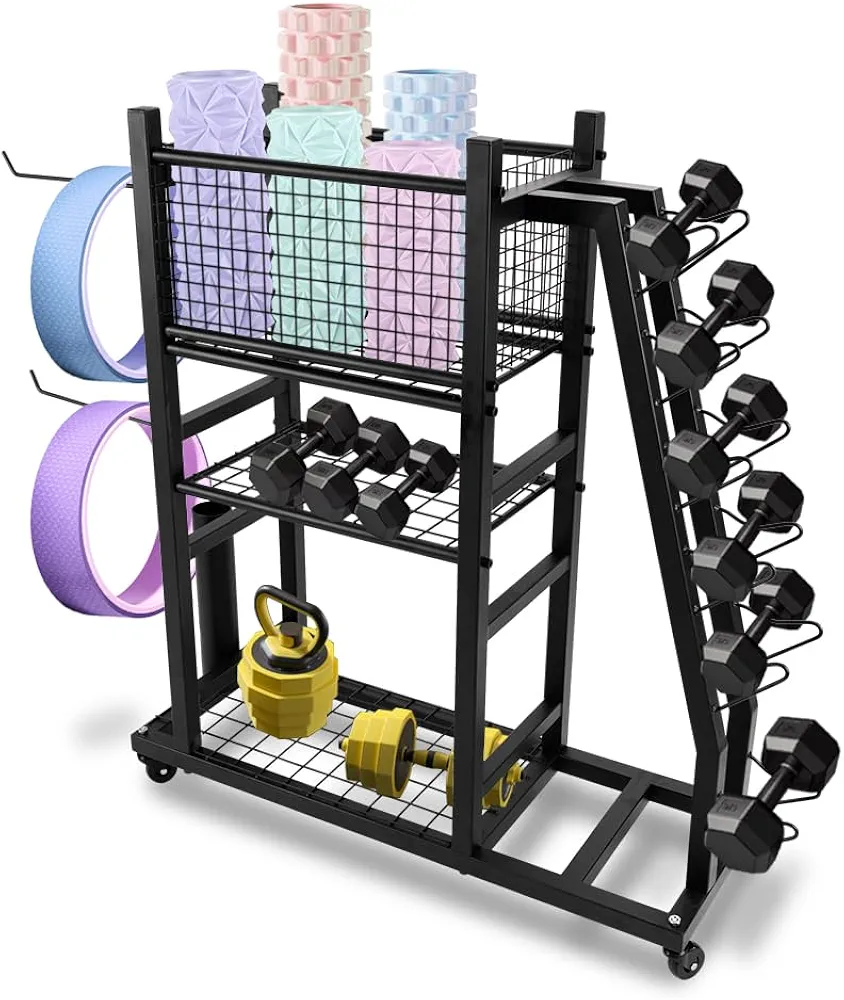 Weight Rack for Dumbbells, All in One Home Gym Storage Dumbbell Rack for Kettlebells Yoga Mat and Strength Training Equipment, Heavy Duty Workout Storage Organizer with Wheels and Hooks
