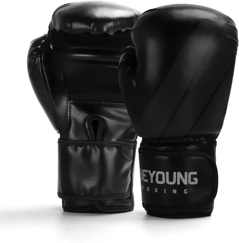 Beyoung Boxing Gloves 16oz, Boxing Training Gloves Men Women, Muay Thai, MMA, Kickboxing Gloves, Adult Heavy Punching Bag Gloves, Leather Sparring Gloves, Boxing Training, Black