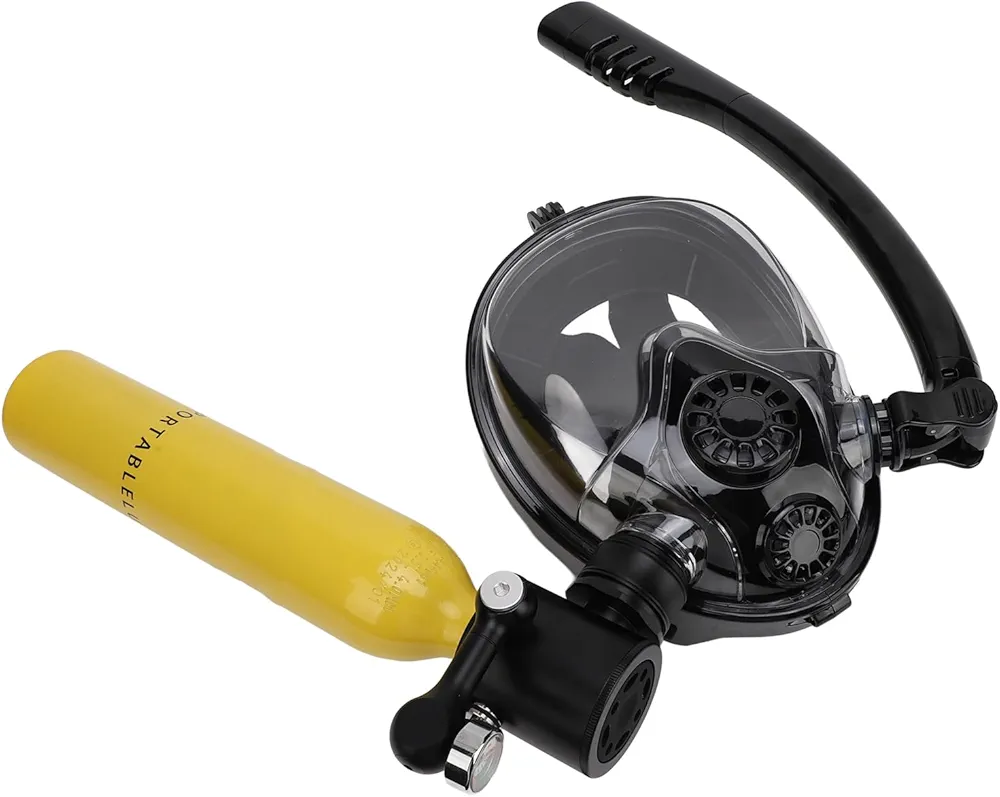 Portable Full Face Snorkel Mask with 0.5L Dive Tank, 180 Panoramic Anti Fog Anti Leak Diving Mask with Safety Breathing System for Adult and Kids