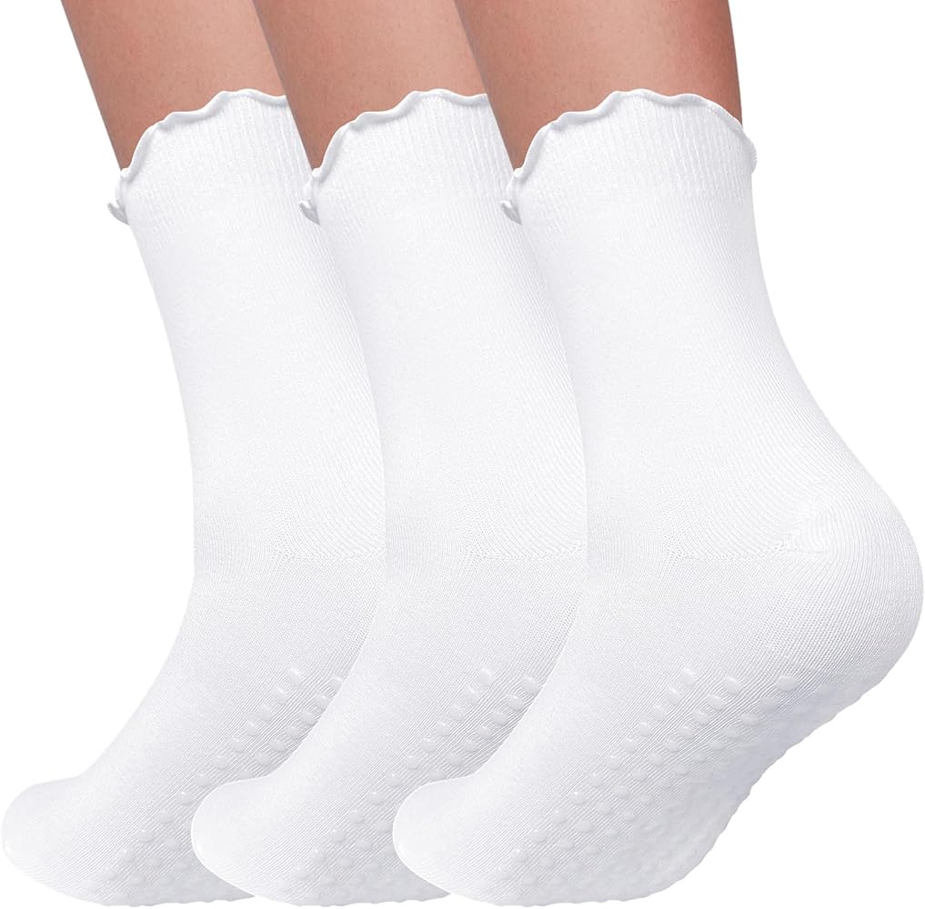 3 Pairs Pilates Socks with Grips Non Slip Socks Ruffle Yoga Socks Grip Socks for Women Crew Socks