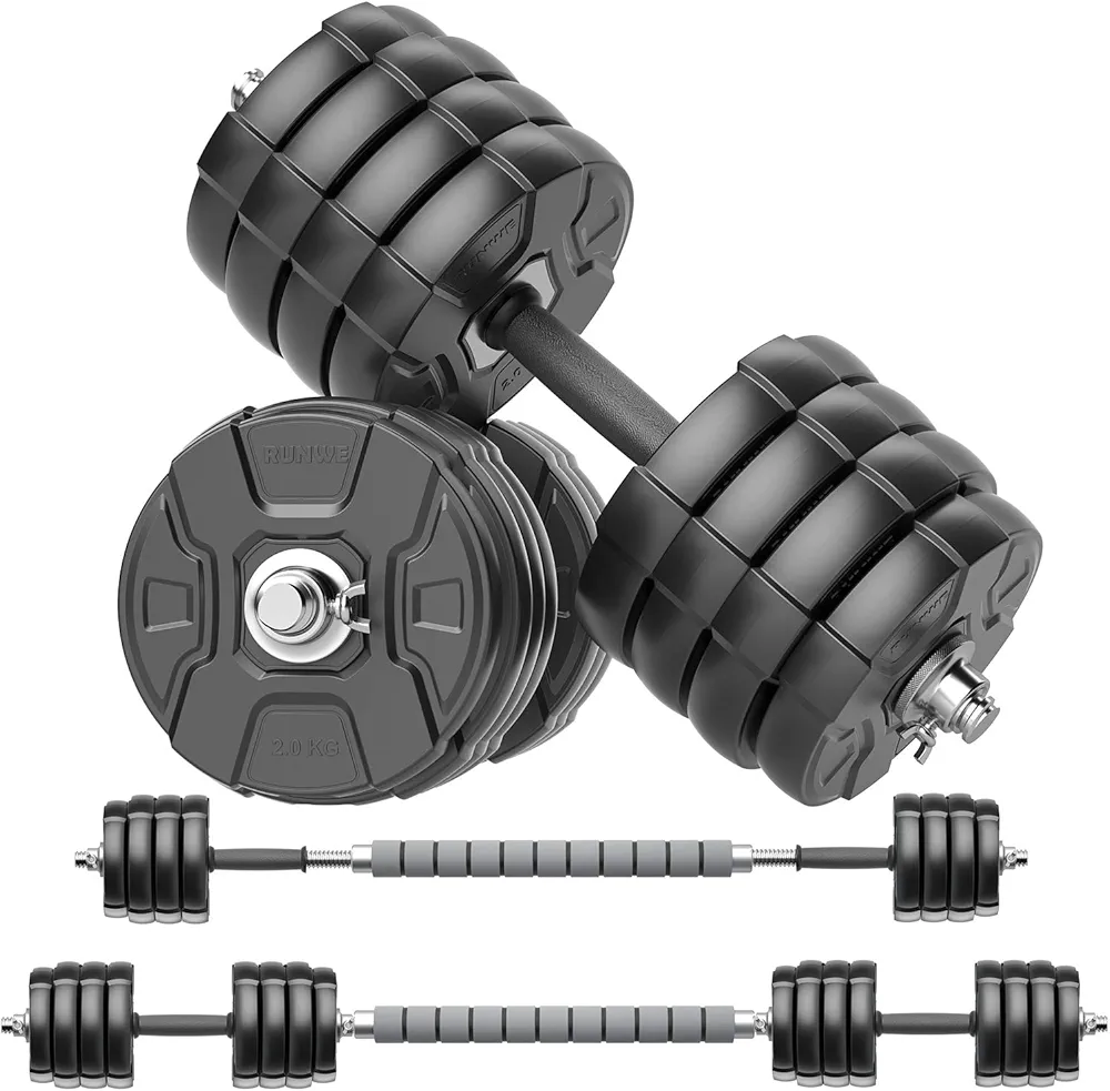 Heavy Adjustable Dumbbell Barbell Set - RUNWE 100 90 70 50 lb Weight set for Option, Metal Dumbbell Grip and Barbell Bar, 1" Center Hole Weight Plate, 3-in-1 Adjustable dumbbell, Barbell and Push-up Stand