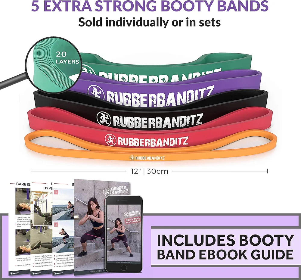 Rubberbanditz Extra Thick Booty Bands - for Glutes and Legs Workouts - Includes eGuide for Women - Mini Loop Exercise Band Engages HIPS, Thighs, Butt, and Abs - 5 Mini Resistance Band Sizes 5-100 lbs