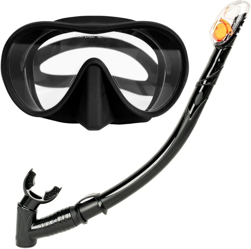 Dry Snorkel Set, Anti-Fog Tempered Glass Scuba Diving Mask, Panoramic Wide View Snorkel Mask, Silicone Swimming Goggles with Nose Cover, Professional Snorkeling Gear for Adults