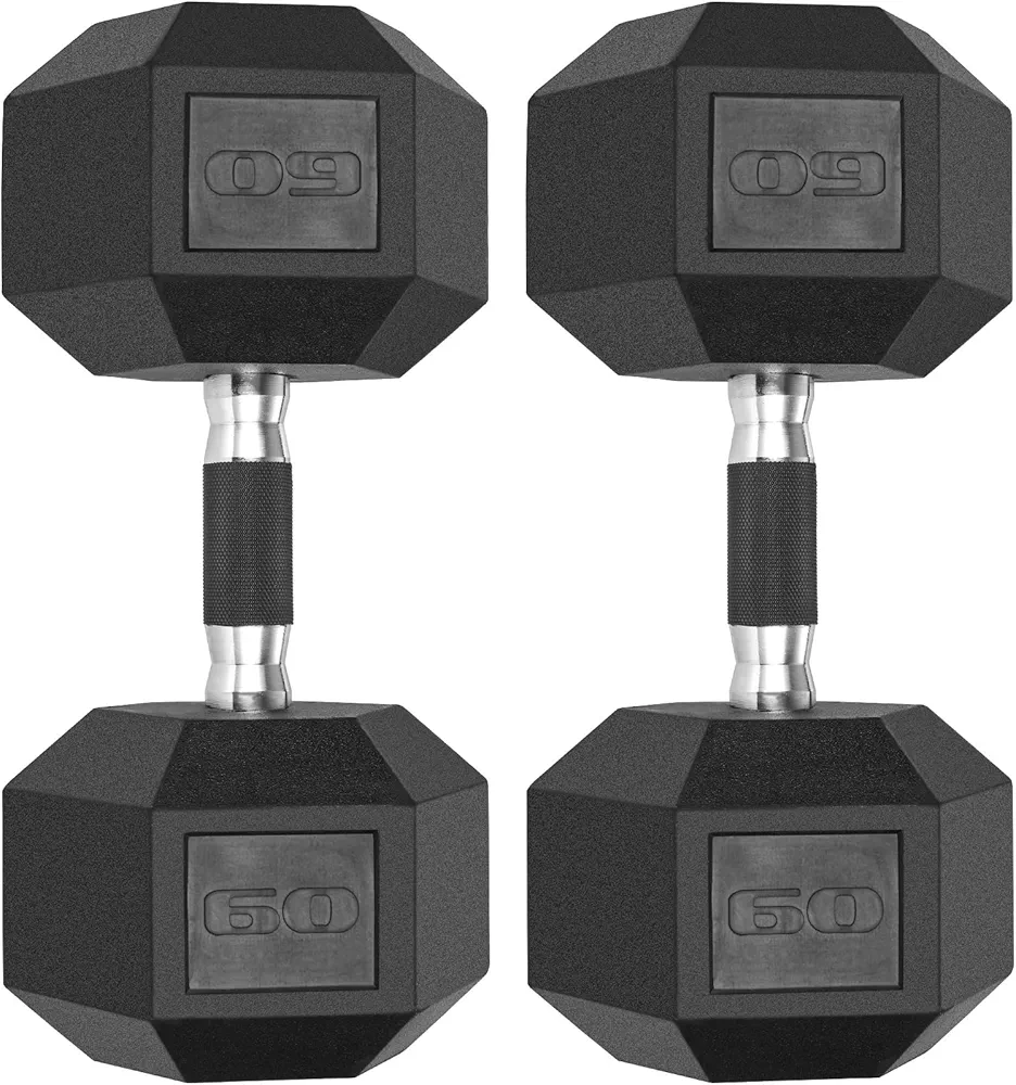 LIFERUN Rubber Grip Dumbbells Rubber Coated Cast Iron, with Anti-Slip Hex Black Dumbbell, Free Weights Dumbbell Set, 60lb/ 65lb/ 70lb/ 75lb dumbbells set of 2