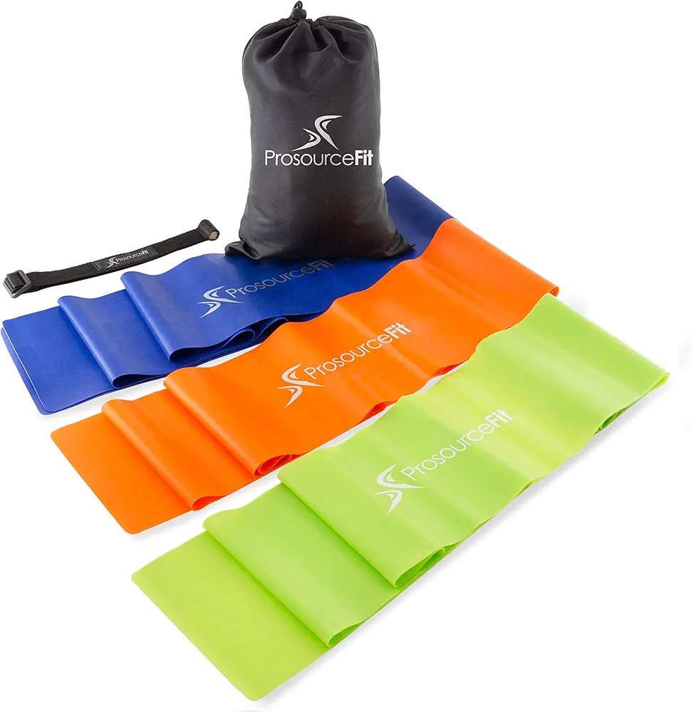 ProsourceFit Therapy Flat Resistance Bands Set of 3 (6’ each-Extra Long) for Stretching, Pilates and Rehabilitation with Door Anchor