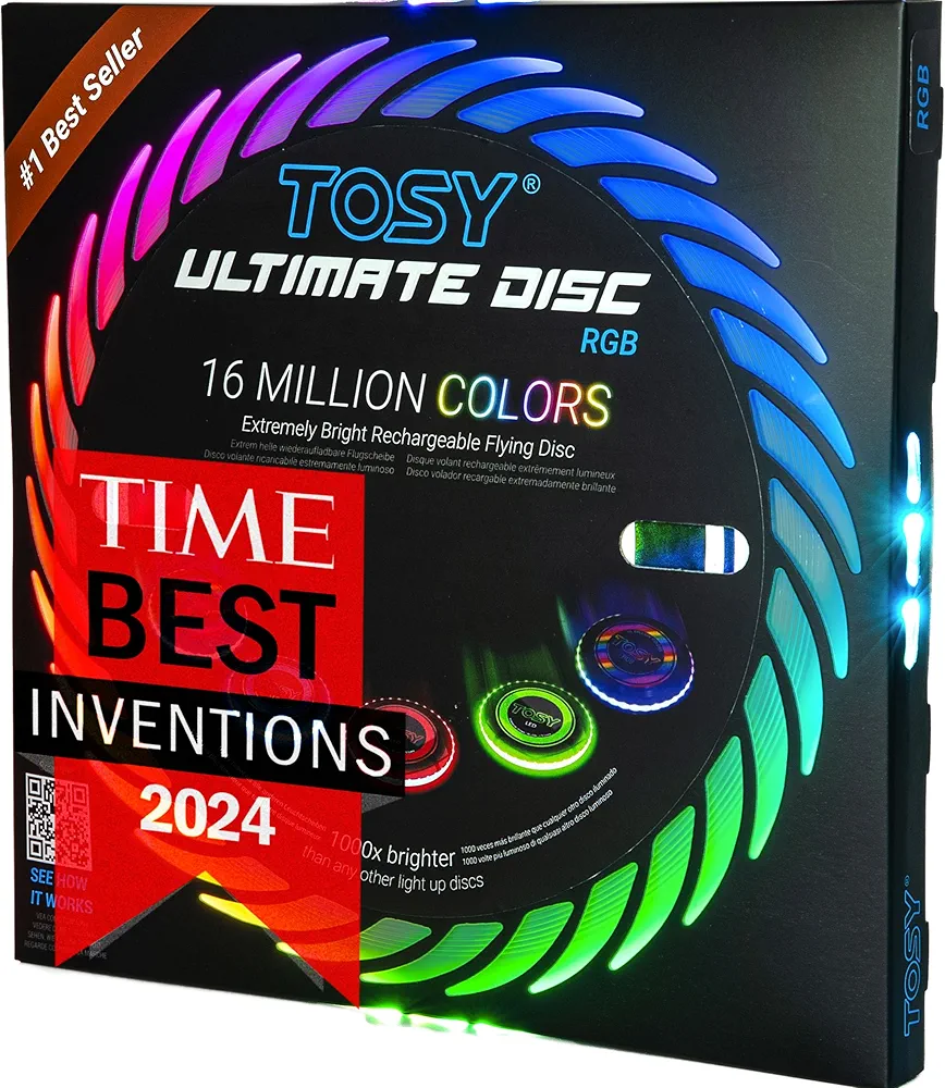 TOSY Flying Disc - 16 Million Color RGB or 36 LEDs, Extremely Bright, Smart Modes, Auto Light Up, Rechargeable, Cool Valentine, Easter, Birthday & Camping Gift for Men/Boys/Teens/Kids, 175g Frisbee