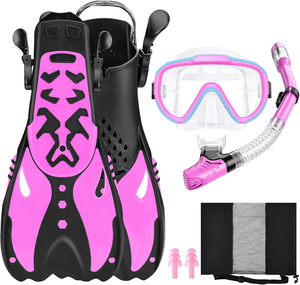 Kids Mask Fins Snorkel Set, Dry Top Snorkeling Gear for Ages 5-16,Panoramic View Anti-Fog Diving Mask, Adjustable Swim Fins with Carry Bag Ear Plugs for Junior Youth Boys Girls