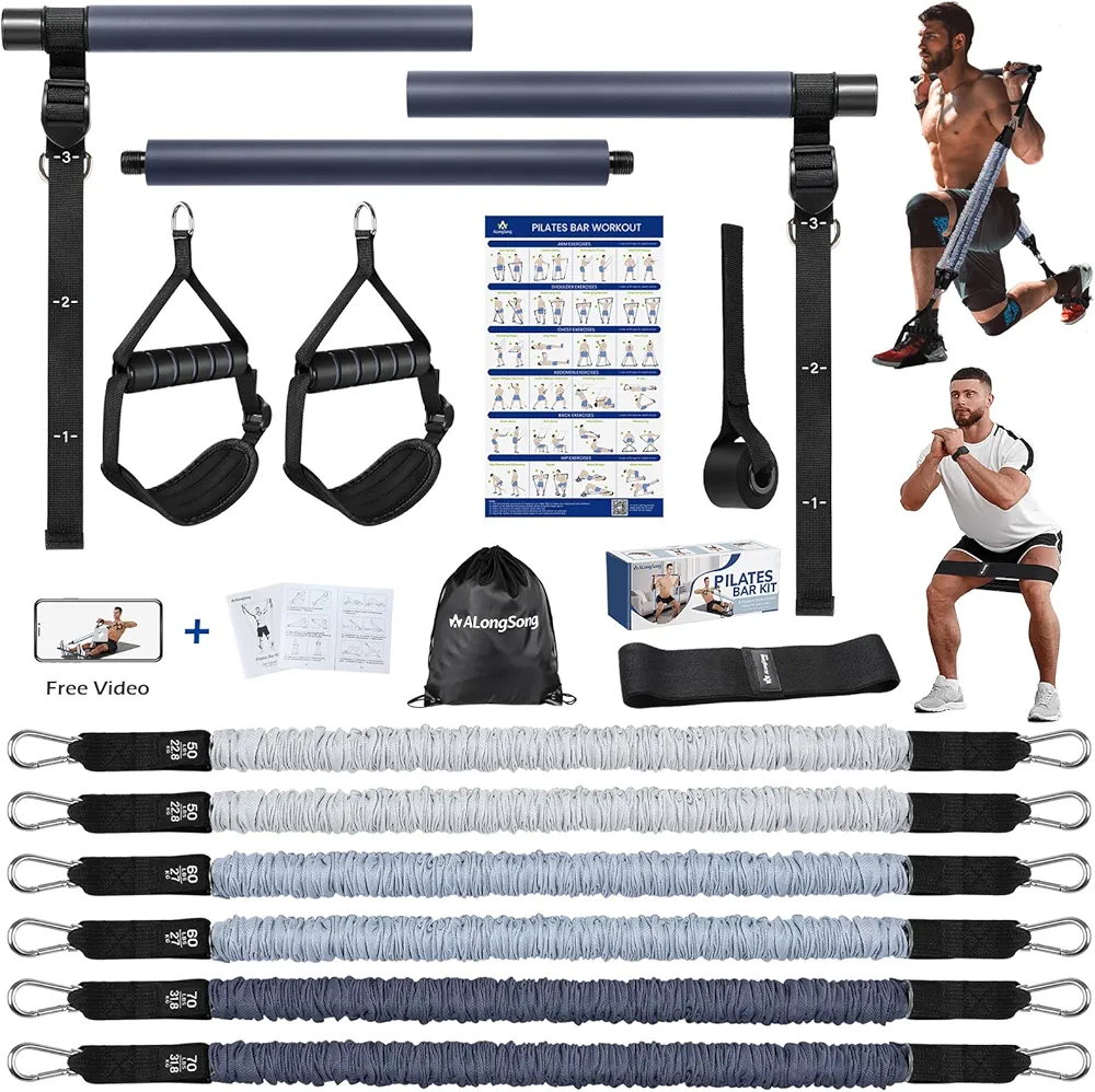 Upgraded Pilates Bar Kit with Resistance Bands Natural Latex for Women & Men, Heavy-Duty Stainless Steel Multifunctional Yoga Pilates Stick for Home Gym Exercise Fitness Equipment Full-Body Workouts