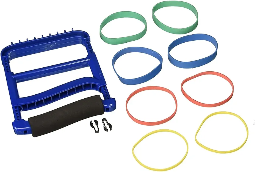 Rolyan Ergonomic Hand Exerciser with Padded Handle, Adjustable Squeeze Tool, 4 Pairs of Rubber Bands for Progressive Resistance, Improves Hand Grip Strength in Fingers, Hand, & Thumb, Blue