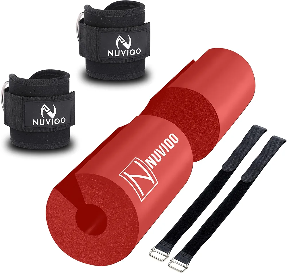 Barbell Pad (Red) and Ankle Straps (Black) Set