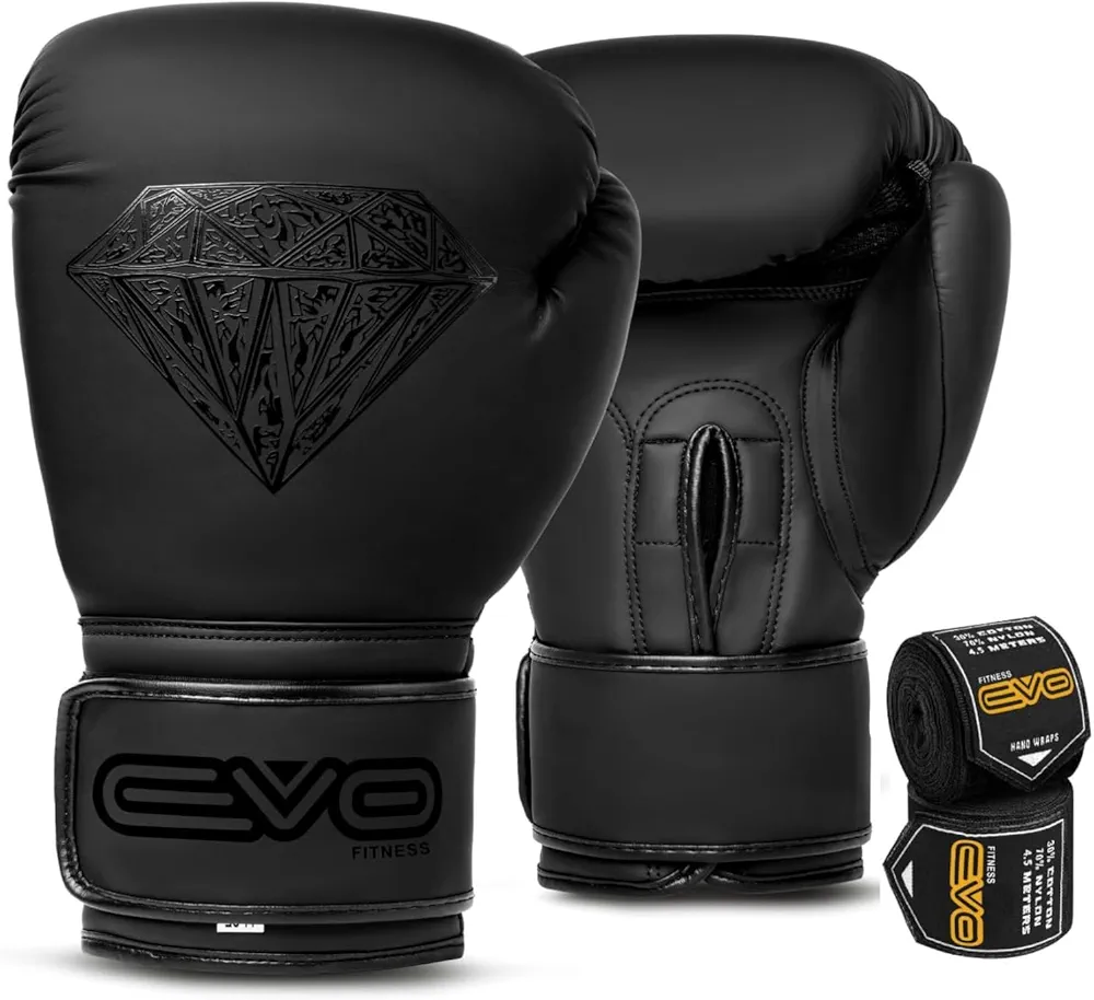 EVO Boxing Gloves with Hand Wraps for Men and Women with Leather Pro Gel for Muay Thai Kick Boxing Sparring Fighting & Training