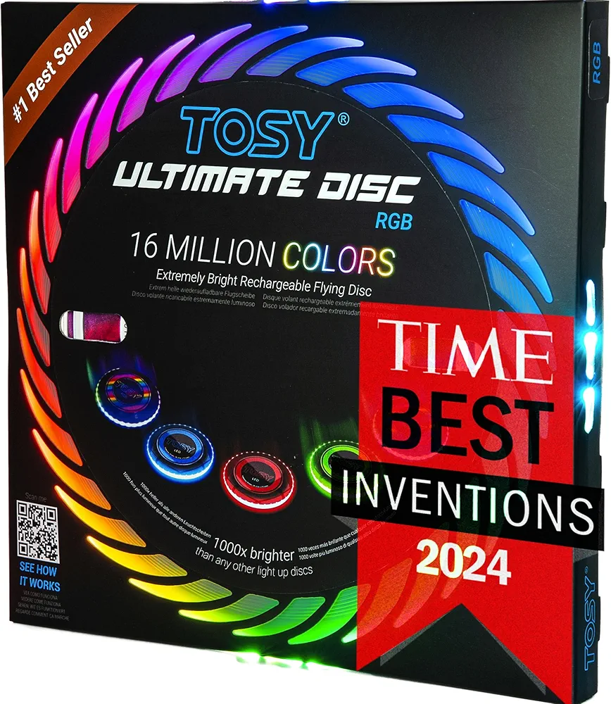 TOSY Flying Disc - 16 Million Color RGB or 36 LEDs, Extremely Bright, Smart Modes, Auto Light Up, Rechargeable, Cool Valentine, Easter, Birthday & Camping Gift for Men/Boys/Teens/Kids, 175g Frisbee