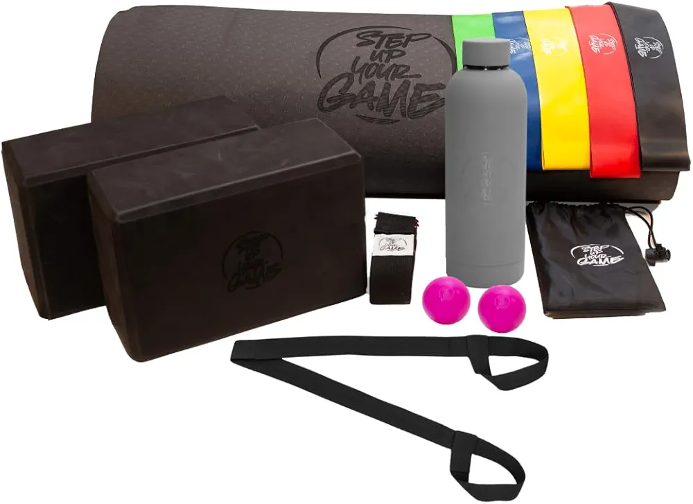 12 Piece Yoga Mat Set for any level - Includes 1 TPE Mat, 2 Foam Blocks, 1 Stainless Steel Water Bottle, 1 D Ring Stretch Strap, 2 Massage Balls and 5 Resistance Bands (Black)