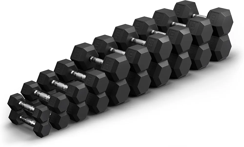10 Pair 550 lb Complete Hex Dumbbell Set - PVC Coated Black Workout Dumbbells for Exercise at Home or Gym, Iron Cast Weights for Training