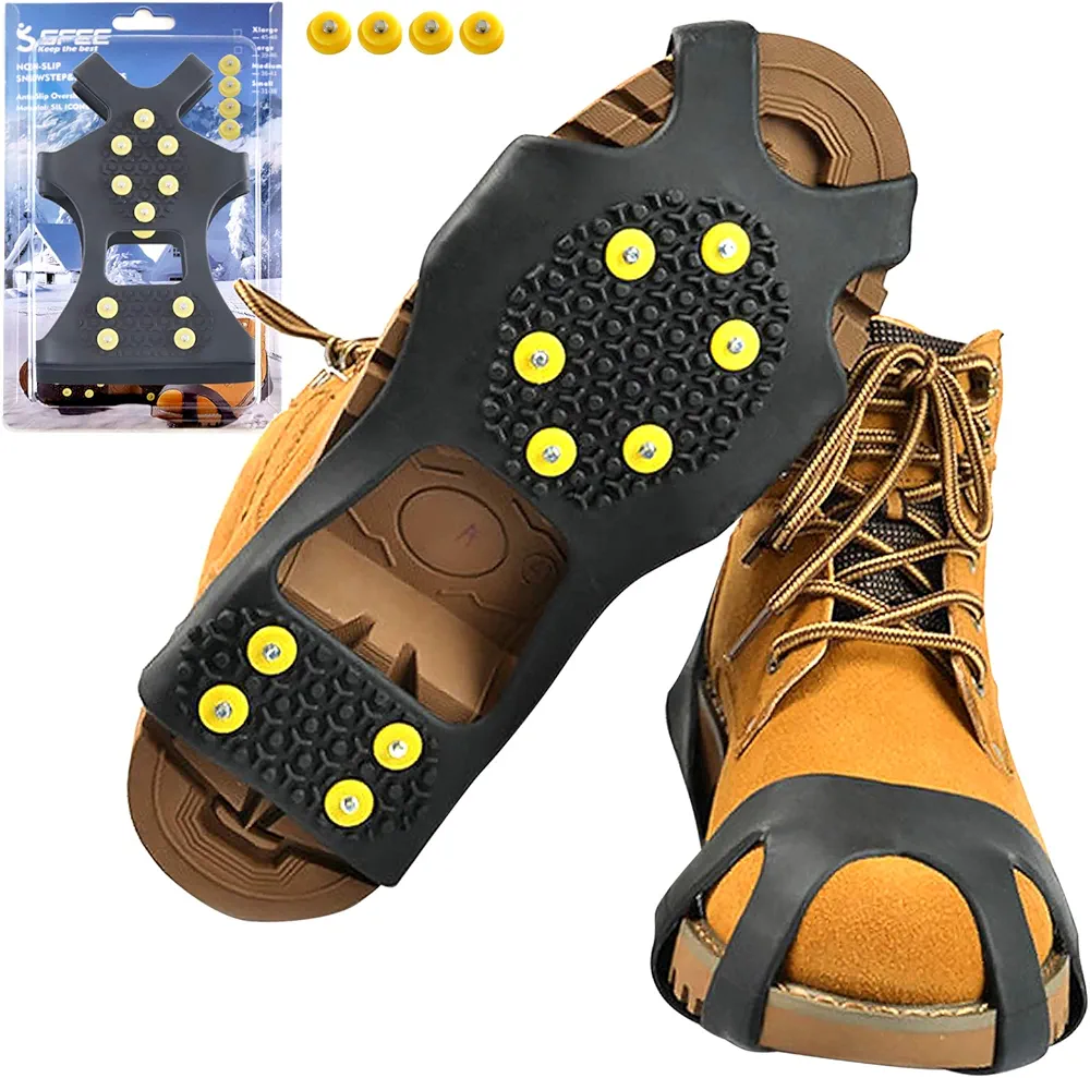 Sfee Ice Cleats for Boots Shoes, Snow Grips Cleats for Ice and Snow Anti-Slip Rubber Traction Cleats for Walking on Snow and Ice 10 Steel Studs Crampons for Hiking, Walking, Climbing, Jogging