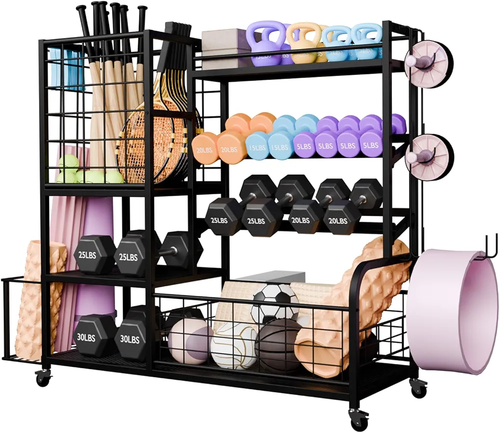 XXL Dumbbell Rack Weight Stand Adjustable Heavy Duty Weight Rack for Dumbbells, Home Gym Storage Rack for Kettlebell, Balls,Yoga Mat Holder, Workout Equipment Storage Organizer With Wheel