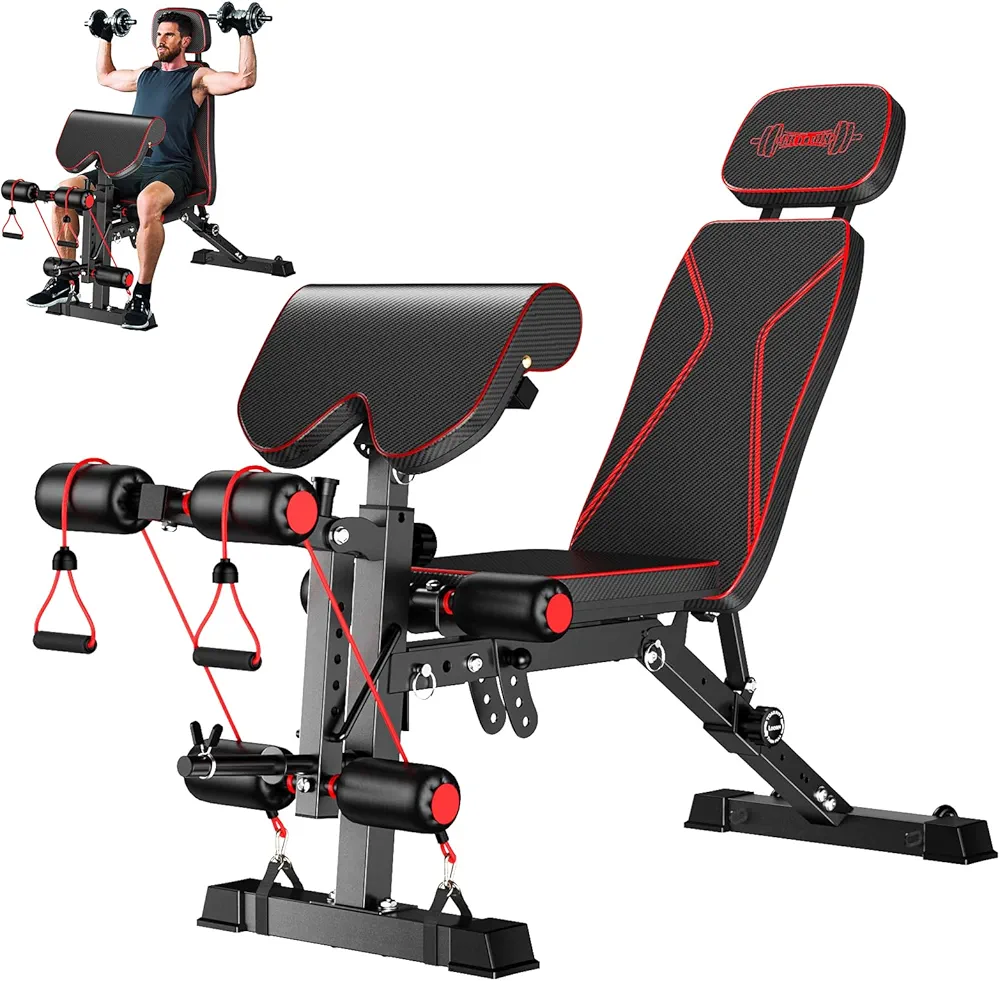 Weight Bench Press, Strength Training Workout Benches for Home Gym, FRITTON 800 LB Stable Decline Incline Bench for Full Body Workout, Adjustable Weight Benches & Gym Benches with Resistance Rope