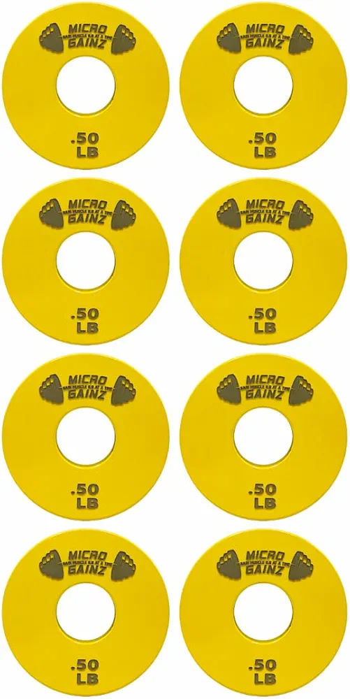 Micro Gainz Standard 1-Inch Center Hole Yellow .50LB Fractional Weight Plates 8 Piece Set- Designed for Standard 1-Inch Barbells and Dumbbells, Made in USA