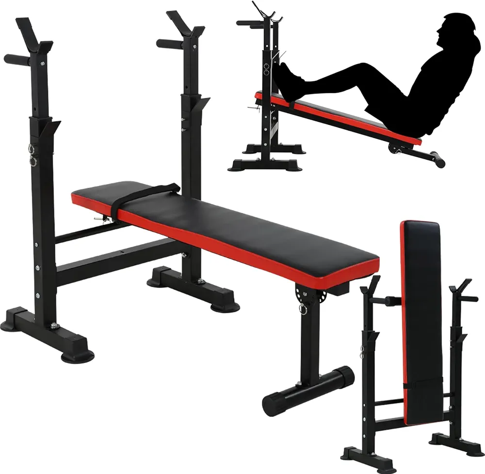 Adjustable Weight Bench with Barbell Rack Folding Workout Station Foldable Bench Press Workout Bench W/Dip Station&Curl Bar Weight Lifting Bench Strength Training Bench for Home Gym