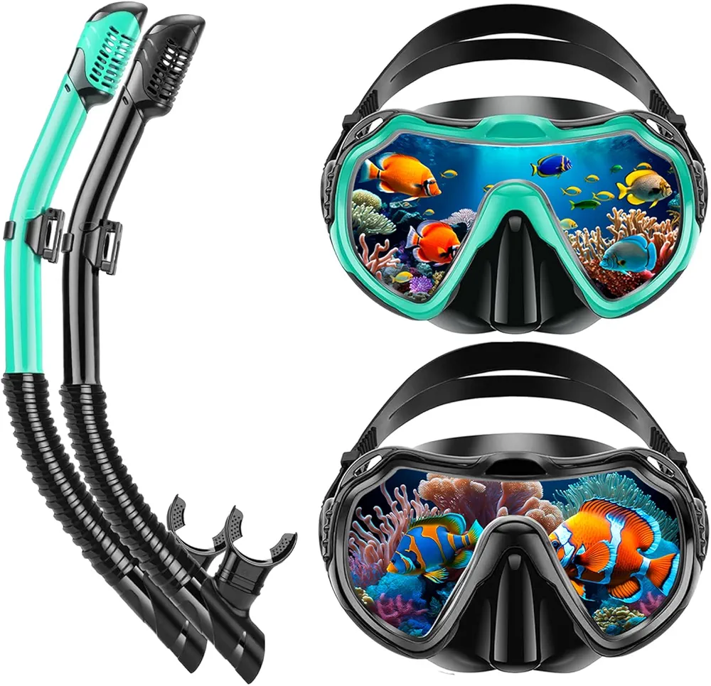 Snorkeling Gear for Adults, Adult Snorkel Set, Panoramic Anti-Leak and Anti-Fog Tempered Glass Lens Snorkel Gear, Adjustable Snorkle Mask Set Adult with Mesh Bag Ear Plug for Snorkeling