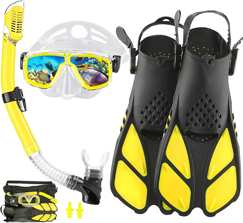 Snorkeling Gear for Adults with Fins Scuba Diving Gear Adult Prodessional Travel Snorkel Sets with Flippers,Anti-Fog Anti-Leak Diving Mask