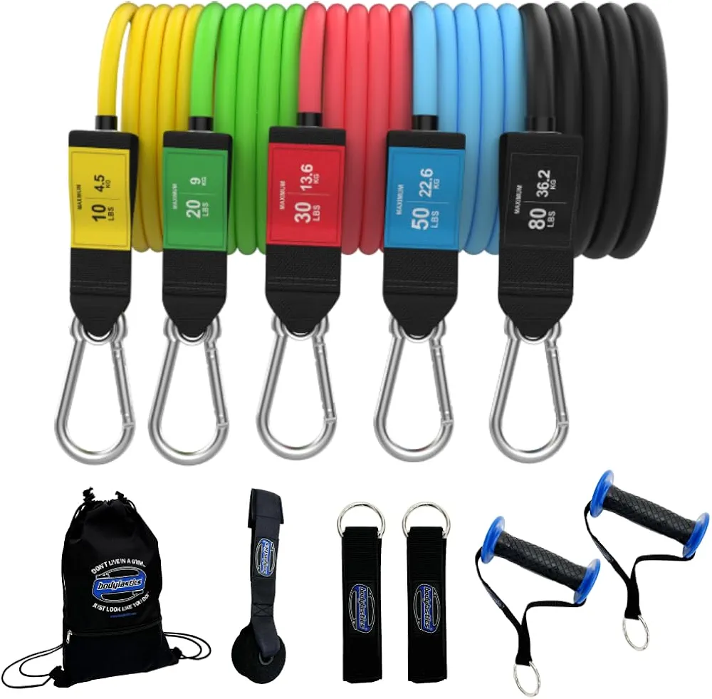 Bodylastics Resistance Band Set - Resistance Bands with Handles, Ankle Straps, Door Anchor, Carry Bag - Heavy-Duty Stretch Exercise Bands -Patented Clips and Snap Reduction Tech -Fitness Workout Band