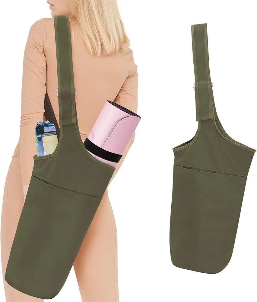 Yoga Mat Bag, Ginsco Yoga Mat Bag Carrier with Adjustable Wide Shoulder Strap, Long Tote Large Side Pocket and Zipper Pocket Fits Most Size Mats Yoga Accessories with 2 PCS Elastic Yoga Mat Strap for Women Men Grils Yogis Gym Work Out
