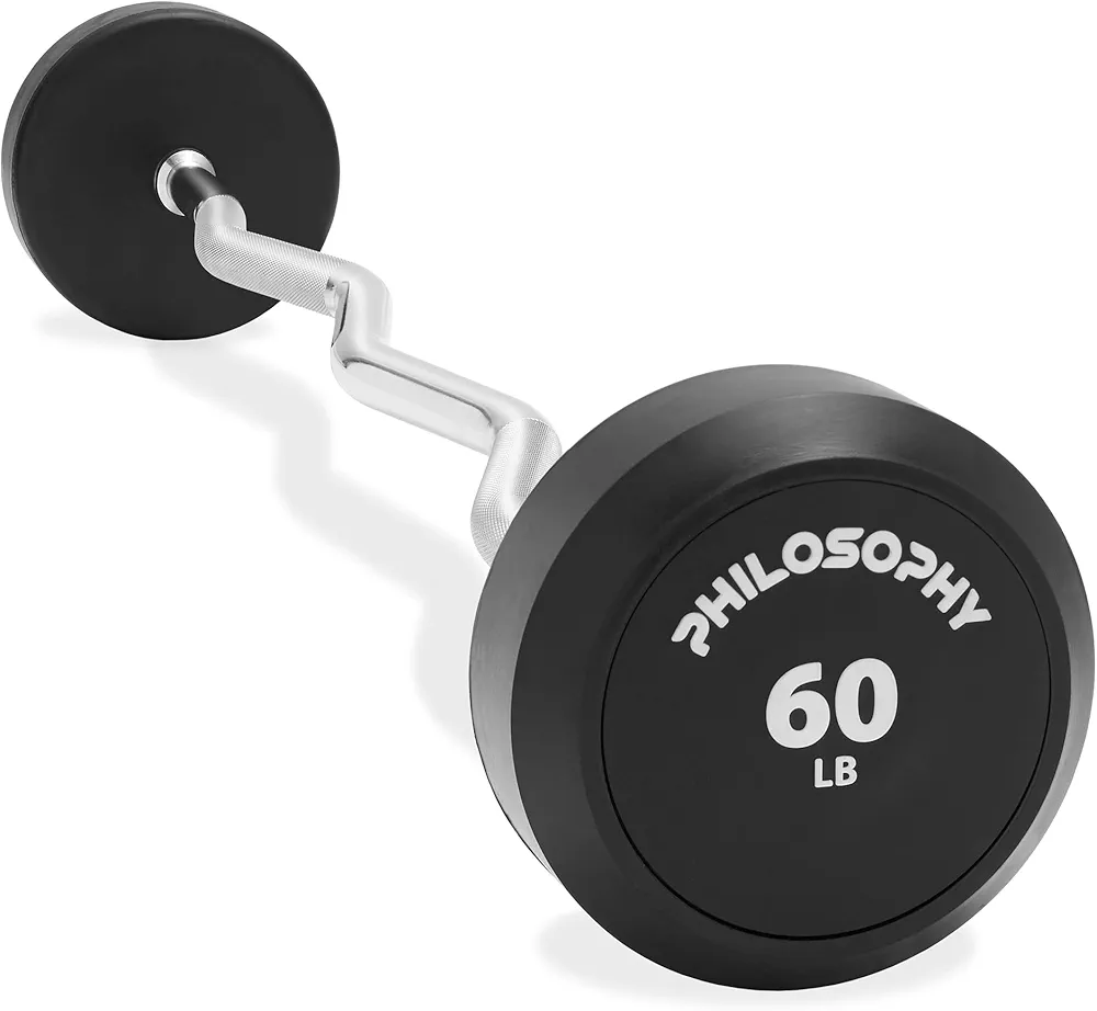 Philosophy Gym Rubber Fixed Barbell, Pre-Loaded Weight EZ Curl Bar for Strength Training & Weightlifting