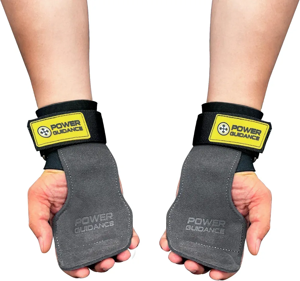 Weight lifting wrist straps, Double Layer Leather lifting Grips for Deadlift, Powerlifting and Shrugs, Pull up grips, Adjustable Neoprene Padded Gym workout gloves for Men/Women(Pair) (Gery, Long style)